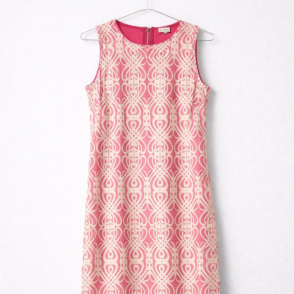 Daniel Cremieux Pink and Cream Sleeveless Patterned Shift Dress